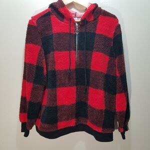 No Boundaries Red Black Plaid Hoodie 1/4 XXXL Juniors Zip Buffalo Check Sherpa